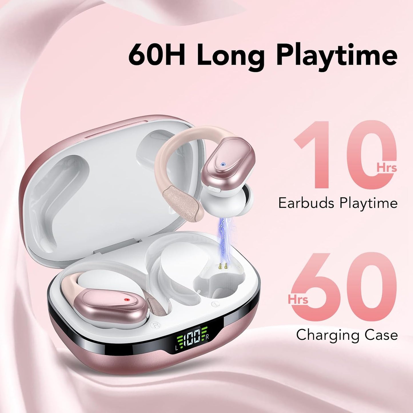 ONYQRA Wireless Earbuds Bluetooth 5.3 Headphones 60hrs Playtime with Digital Display Sports Wireless Headphones with Earhook Deep Bass IPX7 Waterproof Over-Ear Earbuds for Android iOS Workout
