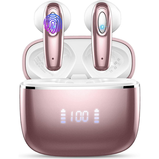 Mugo Wireless Earbud, Bluetooth Headphones 5.3 Built in 4 ENC Mic, Stereo Bass Wireless Earphones, 40H Bluetooth Earbud in-Ear LED Display, USB-C, IP7 Waterproof Sports Ear Buds for Android iOS, Rose Gold