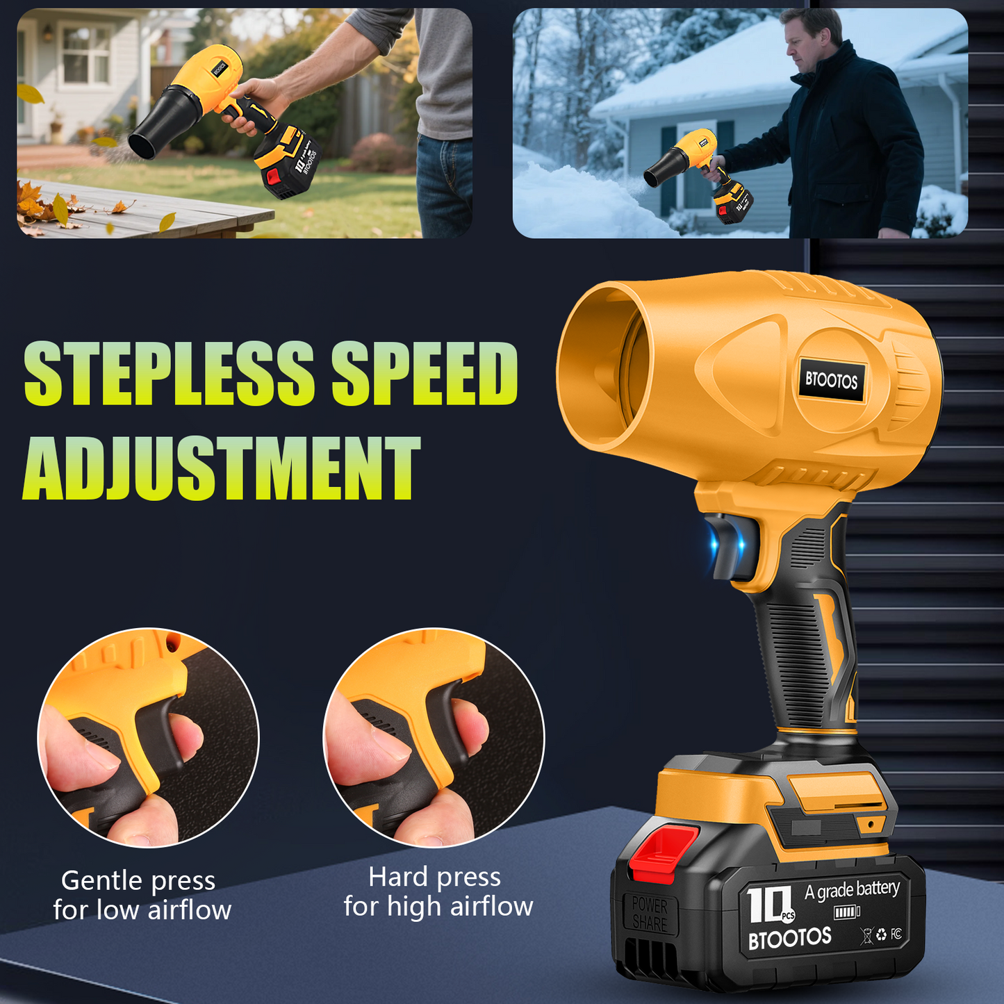 BTOOTOS Cordless Leaf Blower, Powerful Handheld Electric Blower with 2×2.0Ah Batteries&Charger, 600,000 RPM, Extended Nozzle, Lightweight Leaf Blowers for Patio, Leaves, Lawn, Yard, Dust, Snow, Car Cleaning