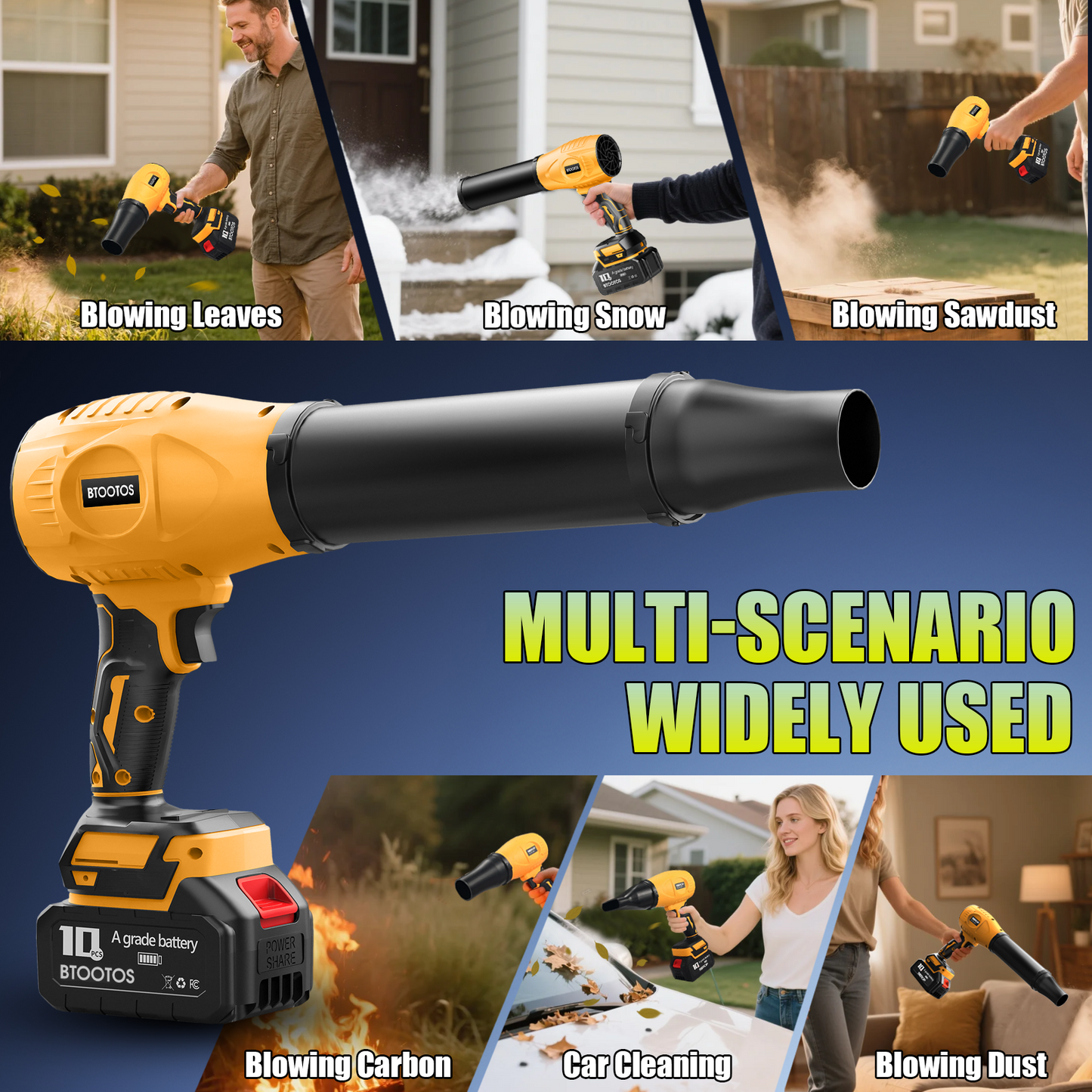 BTOOTOS Cordless Leaf Blower, Powerful Handheld Electric Blower with 2×2.0Ah Batteries&Charger, 600,000 RPM, Extended Nozzle, Lightweight Leaf Blowers for Patio, Leaves, Lawn, Yard, Dust, Snow, Car Cleaning