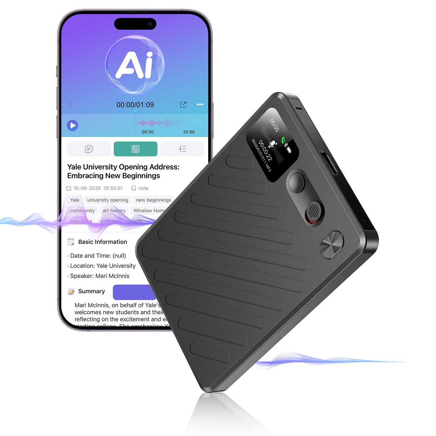 Btootos High-Definition Smart Voice Recorder - Bluetooth V5.4, Long Battery Life, Real-Time Translation, Multifunctional Recording Device White