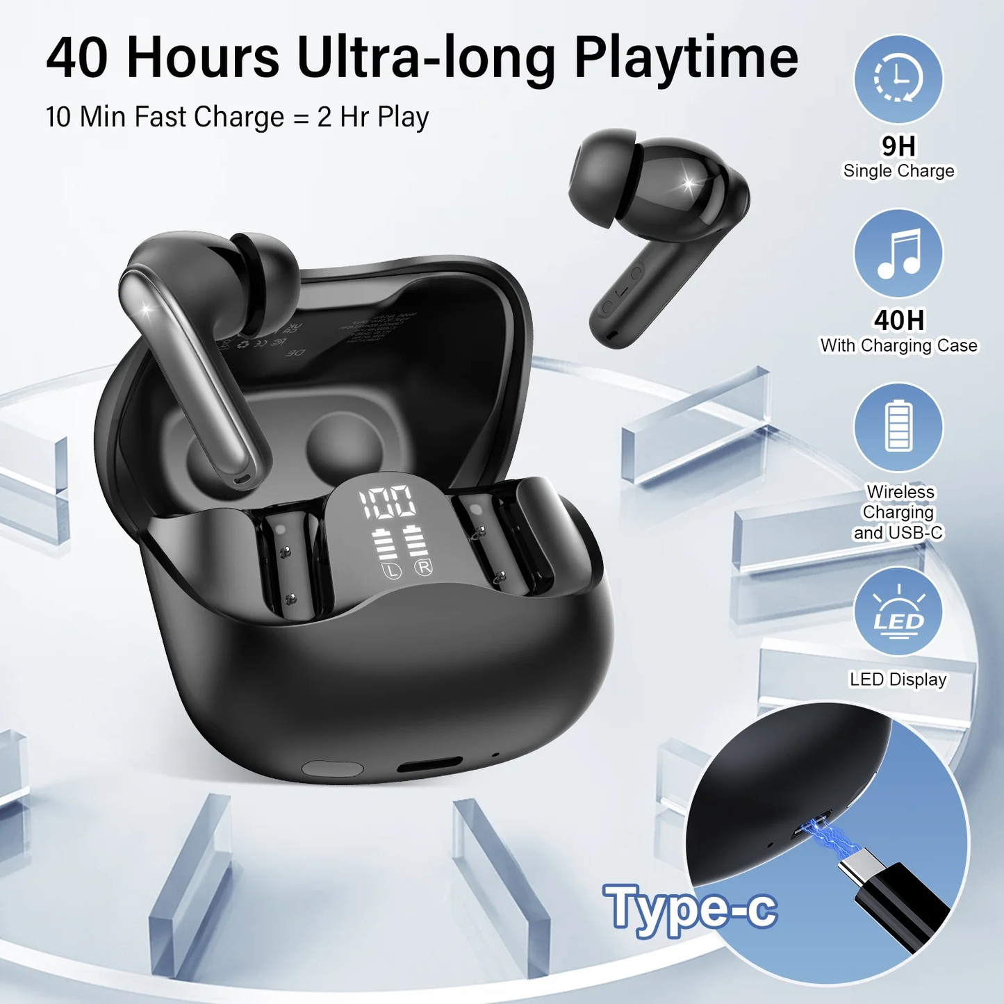 Aptkdoe Wireless Earbuds, Bluetooth 5.4 Headphones with Hybrid Active Noise Cancelling with 3 Mics ANC Clear Call, 40H Playtime Earphones with Wireless Charging Case Power Display for Gym/Running/Work, Black