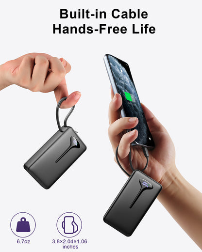 MUGO Portable Charger 10000mAh, Power Bank LED Display with 22.5W Fast Charging Battery Pack USB-C In&Out with Built in Cable Battery Bank, Powerbank for iPhone/Android/Samsung Laptop,Travel Essentials