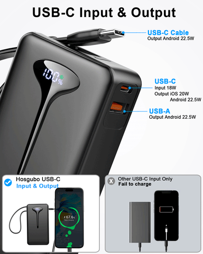 MUGO Portable Charger 10000mAh, Power Bank LED Display with 22.5W Fast Charging Battery Pack USB-C In&Out with Built in Cable Battery Bank, Powerbank for iPhone/Android/Samsung Laptop,Travel Essentials
