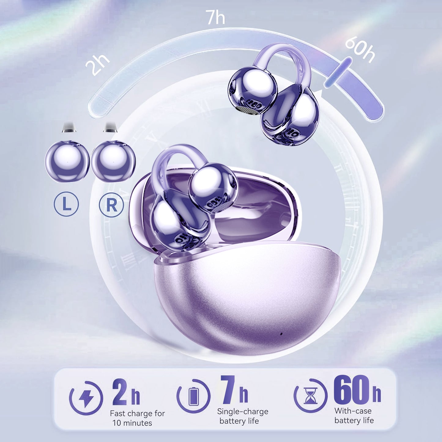 Aptkdoe Clip on Earbuds Bluetooth 5.4, Open Ear earbuds Wireless with Mic, Lightweight Comfort, Small-Ear Friendly Bluetooth Earbuds, 60H Sport Ear Buds, IP7 Waterproof Noise Cancelling Headphones, Purple