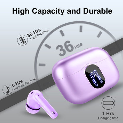 Aptkdoe Wireless Earbuds, Bluetooth 5.4 Headphones Bass Stereo, Ear Buds with Noise Cancelling Mic LED Display, 36H Playtime in Ear Earphones, IP7 Waterproof Sport Headset for Android iOS