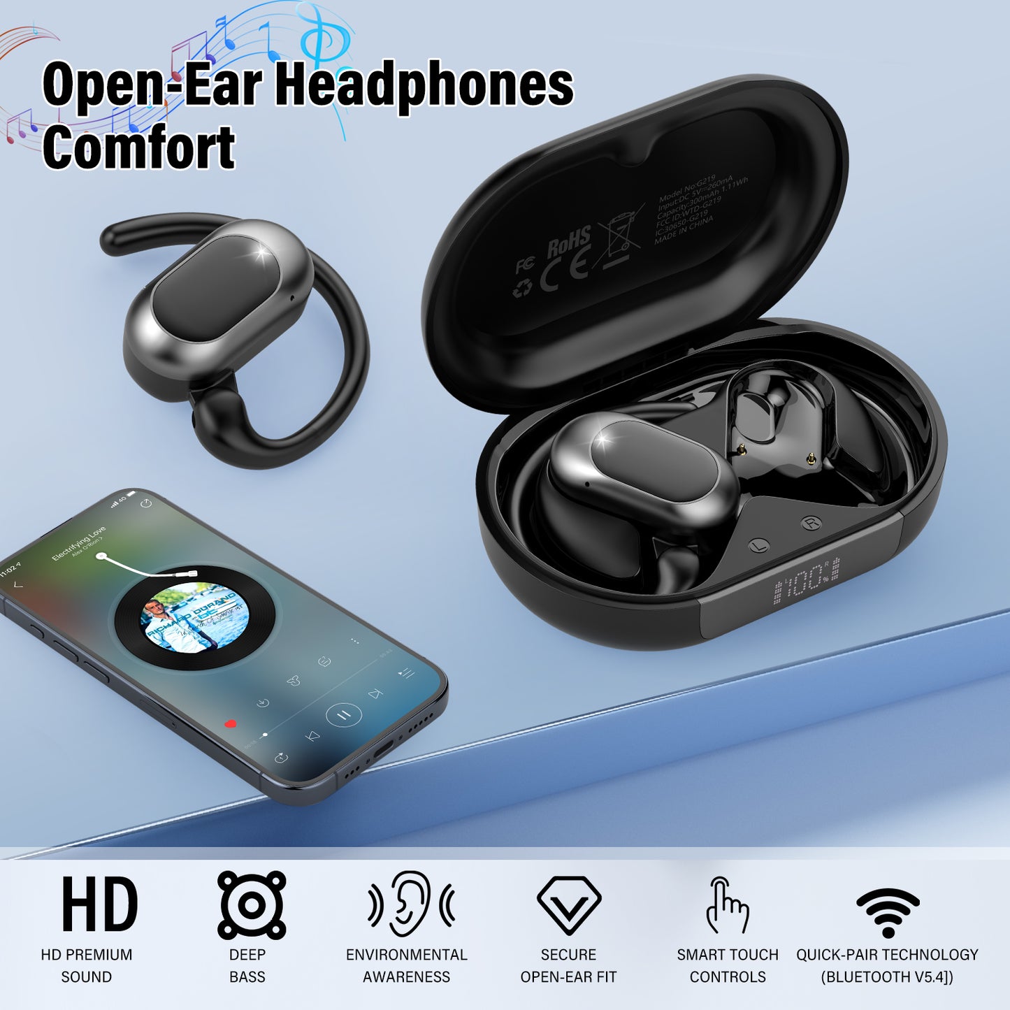 Aptkdoe Open Ear Earbuds, Bluetooth 5.4 Wireless Earbuds with Ear Hooks,70H HiFi Stereo Open Ear Headphones with Clear Calls, IPX7 Lightweight Air Conduction Headphones for Workouts and Running
