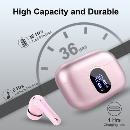 Aptkdoe Wireless Earbuds, Bluetooth 5.4 Headphones Bass Stereo, Ear Buds with Noise Cancelling Mic LED Display, 36H Playtime in Ear Earphones, IP7 Waterproof Sport Headset for Android iOS