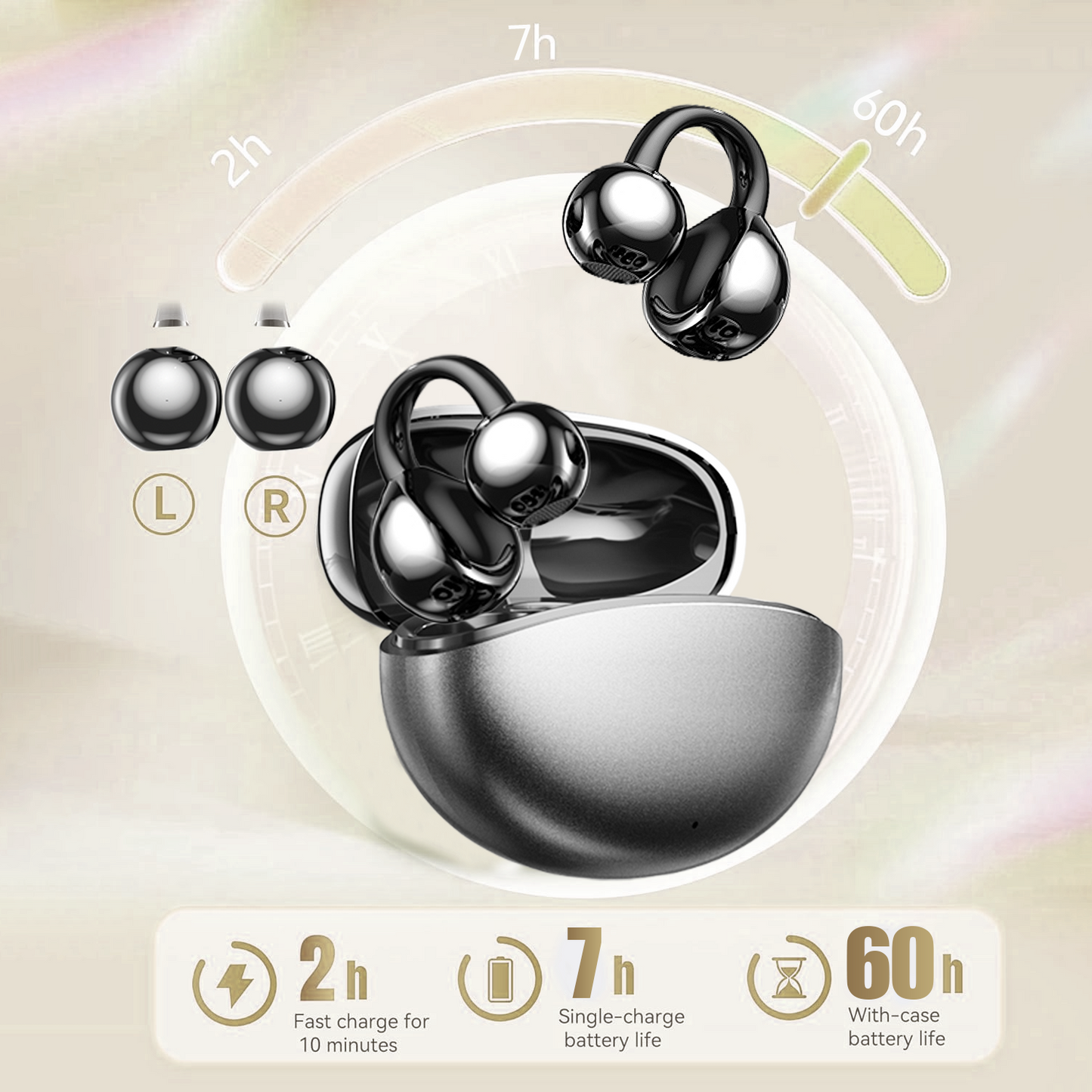 Aptkdoe Clip on Earbuds Bluetooth 5.4, Open Ear earbuds Wireless with Mic, Lightweight Comfort, Small-Ear Friendly Bluetooth Earbuds, 60H Sport Ear Buds, IP7 Waterproof Noise Cancelling Headphones, Black