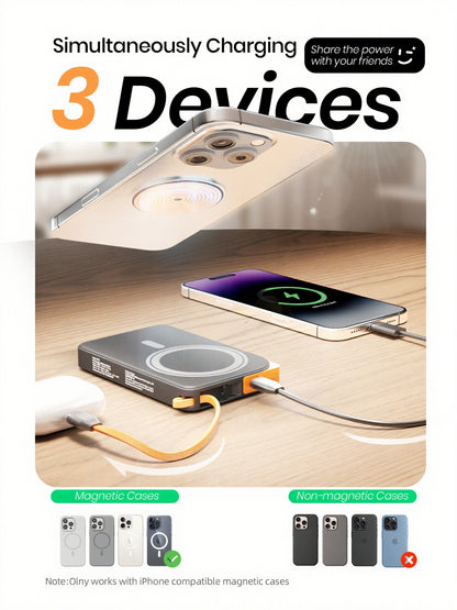 Btootos Magnetic Wireless Power Bank, 22.5W PD Fast Charging 10000mAh Battery Bank, Built-in USB-C Cable with Foldable Stand and LED Display, Magnetic Portable Charger for iPhone Series, iPad, Andriod, etc