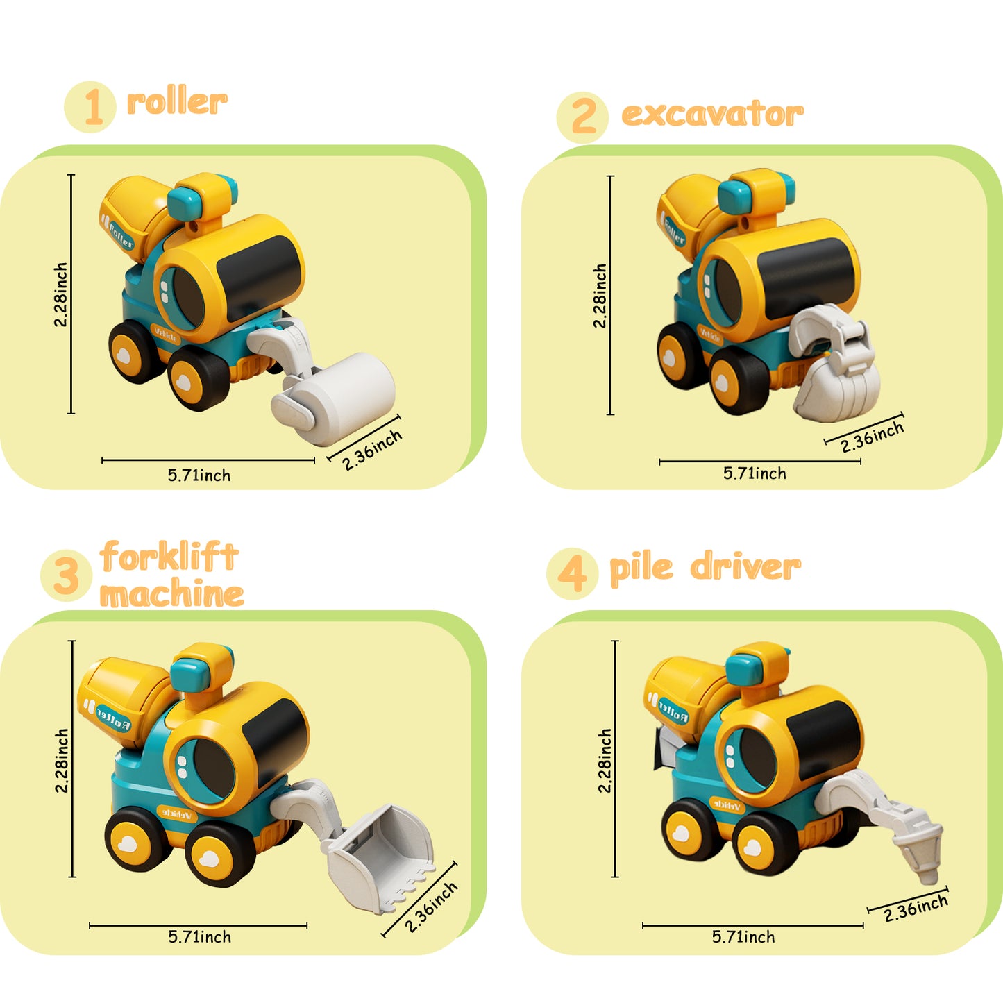 Construction Toys Set Of 4 Excavator Road Roller Bulldozer Pile Driver, Pressing Engineering Car Vehicles Toys for 3-5 Year Old Children Boys Girls Toddler Kids Christmas Birthday Gift Trucks Toy