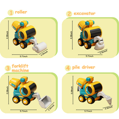 Construction Toys Set Of 4 Excavator Road Roller Bulldozer Pile Driver, Pressing Engineering Car Vehicles Toys for 3-5 Year Old Children Boys Girls Toddler Kids Christmas Birthday Gift Trucks Toy
