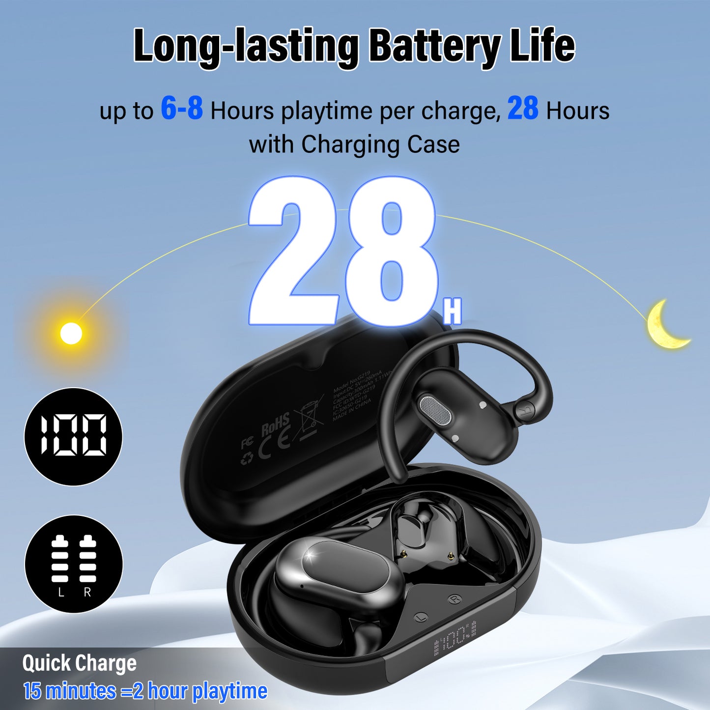 Aptkdoe Open Ear Earbuds, Bluetooth 5.4 Wireless Earbuds with Ear Hooks,70H HiFi Stereo Open Ear Headphones with Clear Calls, IPX7 Lightweight Air Conduction Headphones for Workouts and Running