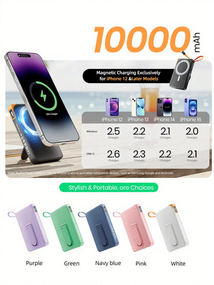 Btootos Magnetic Wireless Power Bank, 22.5W PD Fast Charging 10000mAh Battery Bank, Built-in USB-C Cable with Foldable Stand and LED Display, Magnetic Portable Charger for iPhone Series, iPad, Andriod, etc