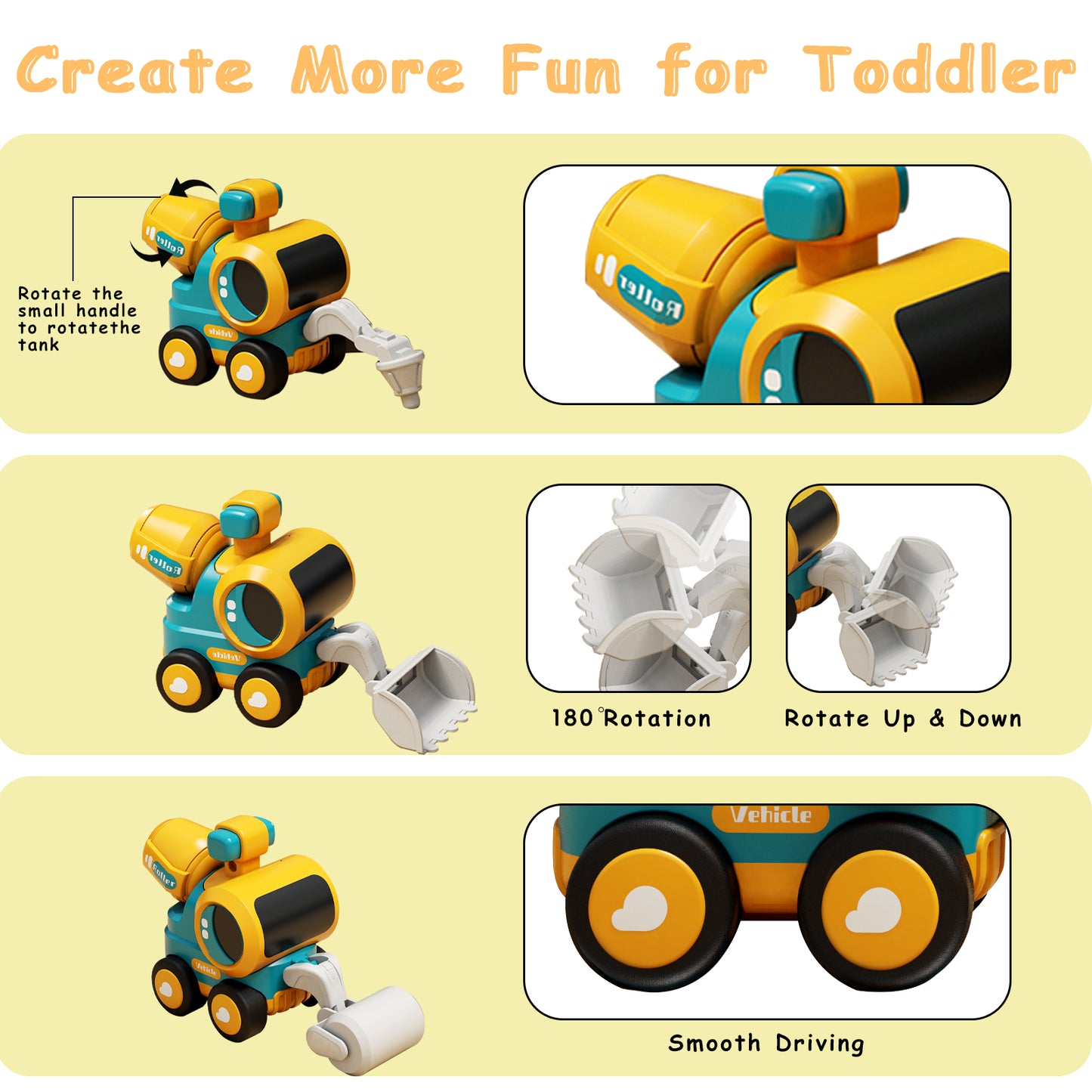 Construction Toys Set Of 4 Excavator Road Roller Bulldozer Pile Driver, Pressing Engineering Car Vehicles Toys for 3-5 Year Old Children Boys Girls Toddler Kids Christmas Birthday Gift Trucks Toy