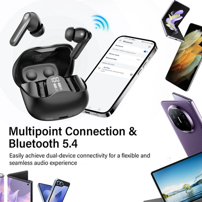 Aptkdoe Wireless Earbuds, Bluetooth 5.4 Headphones with Hybrid Active Noise Cancelling with 3 Mics ANC Clear Call, 40H Playtime Earphones with Wireless Charging Case Power Display for Gym/Running/Work, Black