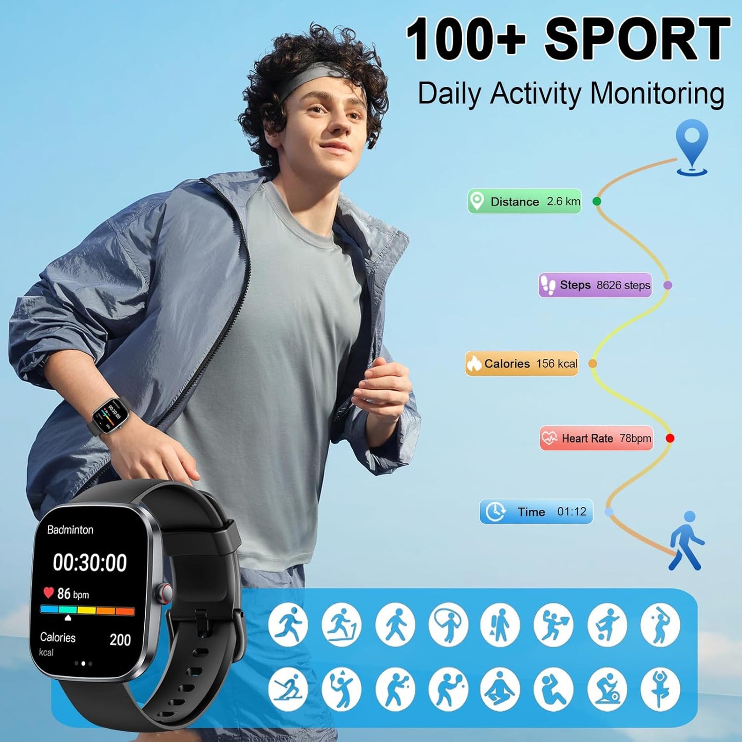 Smart Watch(Answer/Make Call), Fitness Activity Tracker with 110+ Sport Modes, 1.91" IP68 Waterproof Smartwatch for Men Women, for Android iOS, Perfect Gift for Holidays