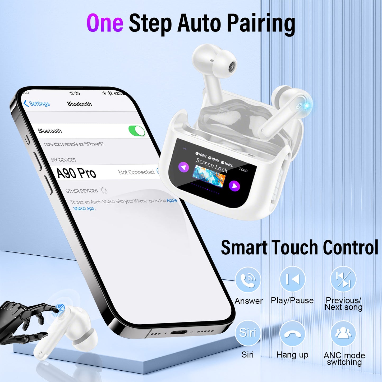 Aptkdoe Touch Screen Wireless Earbuds, Bluetooth 5.4 Ear Buds with Multifunctional with ENC Noise Cancelling MicClear Calls Earphones, 48H Bass Stereo Headphones, IP7 Waterproof Headphones for Workout