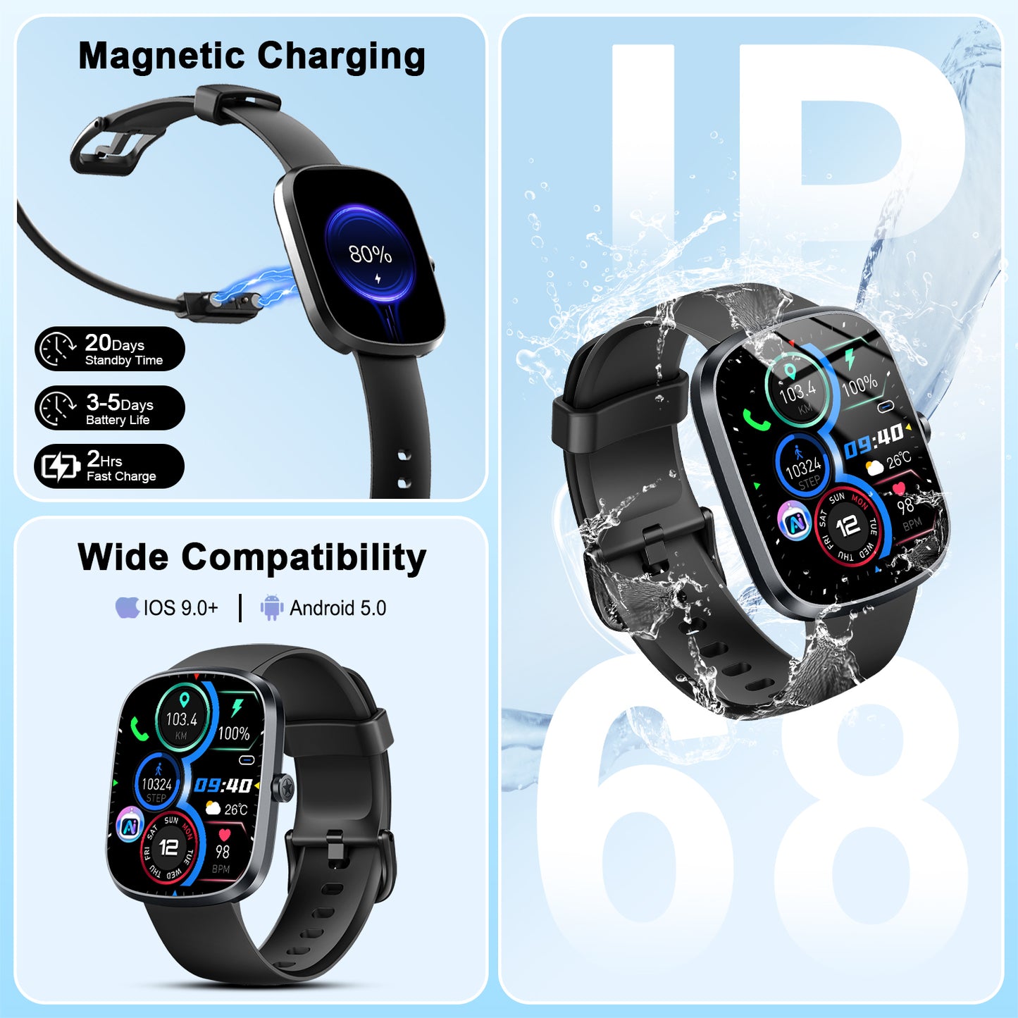 Btootos AI Smart Watch for Women Men 1.91" HD Touch Screen with Dual-Mode Smart Bluetooth Call and Voice Assistant 100+ Sport Modes IPX7 Waterproof Fitness Watch for Android/iPhone