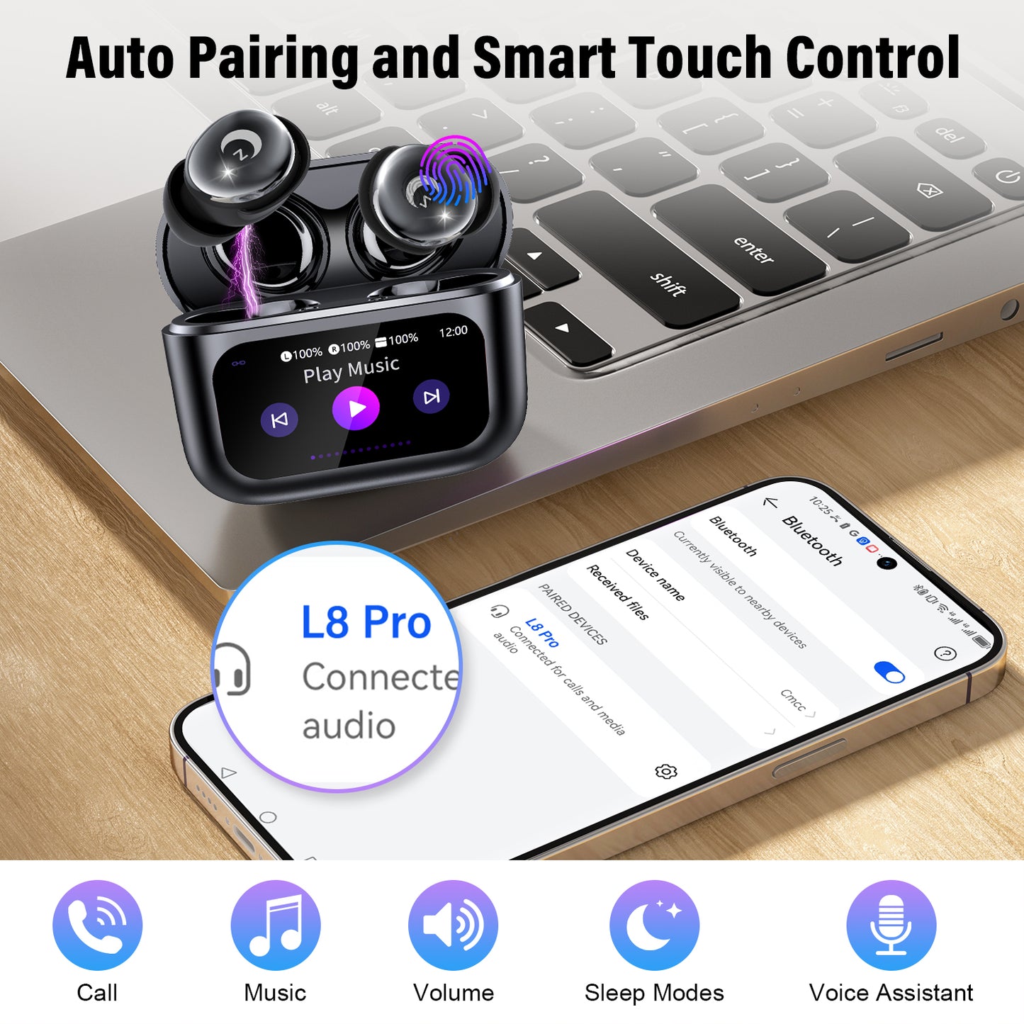 Aptkdoe Sleep Earbuds Bluetooth 5.4 in Ear Smart Touch Screen Headphones, 48H Noise Cancelling Ear Buds with 5 EQ Modes, Mini Wireless Headphones Small Design for Side Sleepers, Clear Calls Earphones, IPX7