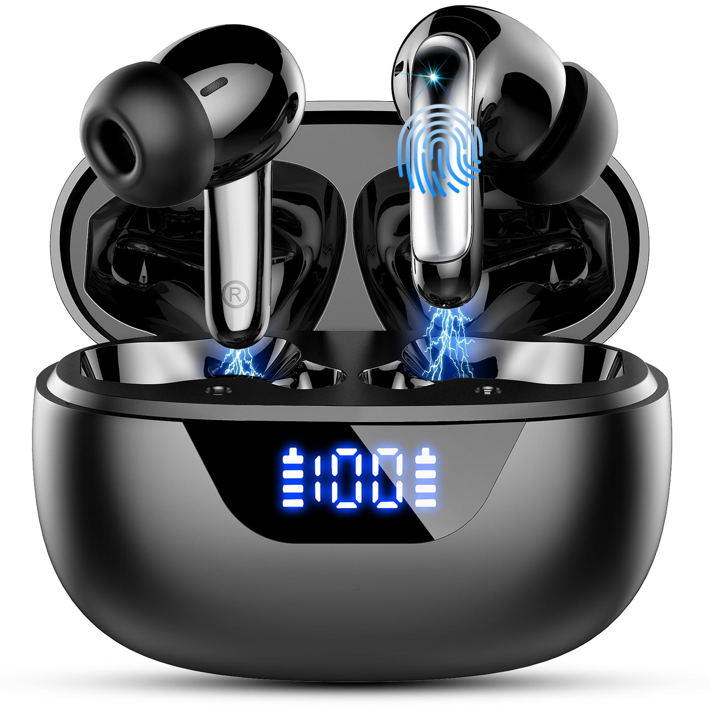 Aptkdoe Wireless Earbuds, Bluetooth 5.4 Headphones, ENC Noise Cancelling Mic Ear buds with Stereo Bass, 48H Playtime Earphones , LED Display, IP7 Waterproof In Ear EarBuds for Phone Android iOS Sports, Black