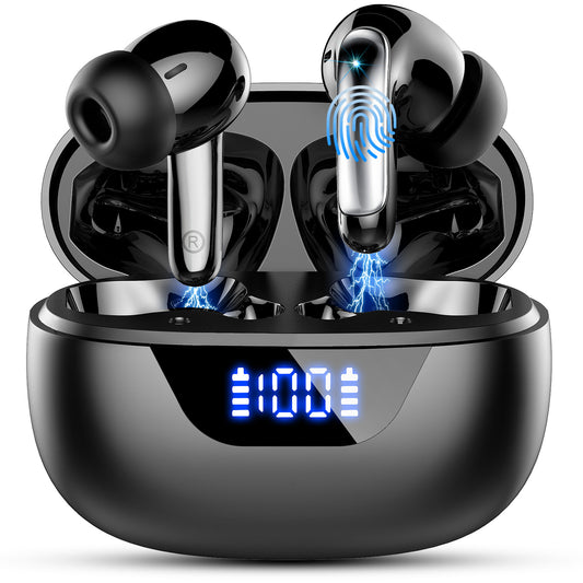 Aptkdoe Wireless Earbuds, Bluetooth 5.4 Headphones, ENC Noise Cancelling Mic Ear buds with Stereo Bass, 48H Playtime Earphones , LED Display, IP7 Waterproof In Ear EarBuds for Phone Android iOS Sports, Black