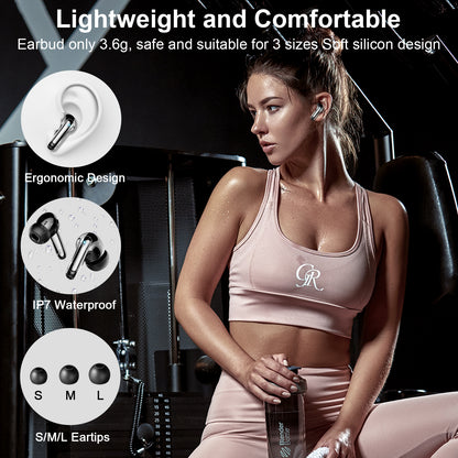 Aptkdoe Wireless Earbuds, Bluetooth 5.4 Headphones, ENC Noise Cancelling Mic Ear buds with Stereo Bass, 48H Playtime Earphones , LED Display, IP7 Waterproof In Ear EarBuds for Phone Android iOS Sports, Black