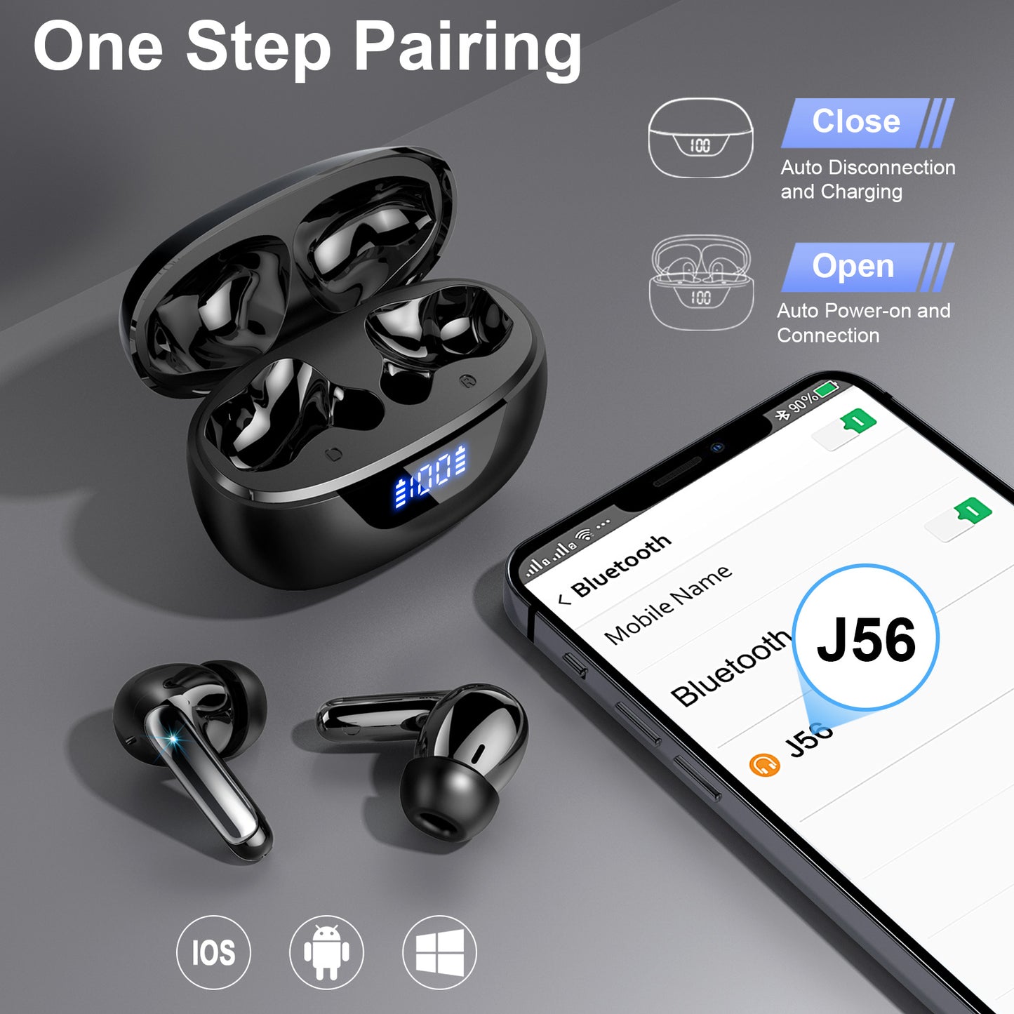 Aptkdoe Wireless Earbuds, Bluetooth 5.4 Headphones, ENC Noise Cancelling Mic Ear buds with Stereo Bass, 48H Playtime Earphones , LED Display, IP7 Waterproof In Ear EarBuds for Phone Android iOS Sports, Black