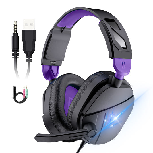 Aptkdoe Gaming Headsets for PC, Stereo Headphones with Noise Cancelling Mic, LED Light, Stereo Sound, 2m Wired Over Ear Headphones, Headset with Soft Memory Earmuffs for Xbox One, Mac, Laptop, PS5