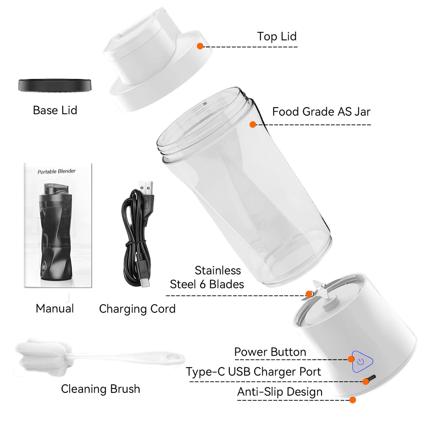 Btootos Portable Blender, 6000mAh Personal Blender with USB Rechargeable for Shakes and Smoothies, BPA Free 24 Oz Juicer Cup with 6 Blades and Lid, 360W Self Cleaning Portable Juicer for Home/Office/Travel
