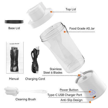 Btootos Portable Blender, 6000mAh Personal Blender with USB Rechargeable for Shakes and Smoothies, BPA Free 24 Oz Juicer Cup with 6 Blades and Lid, 360W Self Cleaning Portable Juicer for Home/Office/Travel