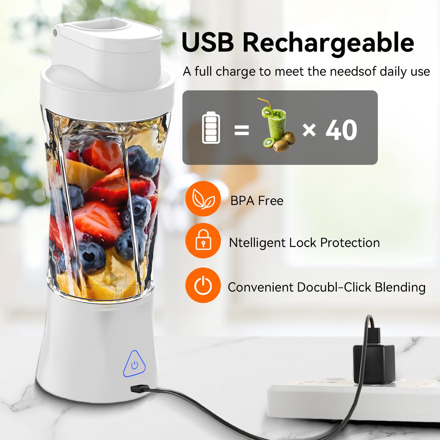 Btootos Portable Blender, 6000mAh Personal Blender with USB Rechargeable for Shakes and Smoothies, BPA Free 24 Oz Juicer Cup with 6 Blades and Lid, 360W Self Cleaning Portable Juicer for Home/Office/Travel