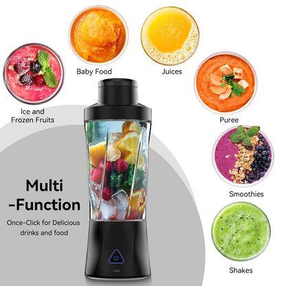 Btootos Portable Blender, 6000mAh Personal Blender with USB Rechargeable for Shakes and Smoothies, BPA Free 24 Oz Juicer Cup with 6 Blades and Lid, 360W Self Cleaning Portable Juicer for Home/Office/Travel