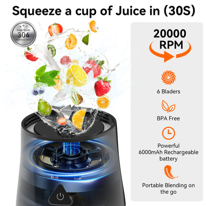 Btootos Portable Blender, 6000mAh Personal Blender with USB Rechargeable for Shakes and Smoothies, BPA Free 24 Oz Juicer Cup with 6 Blades and Lid, 360W Self Cleaning Portable Juicer for Home/Office/Travel
