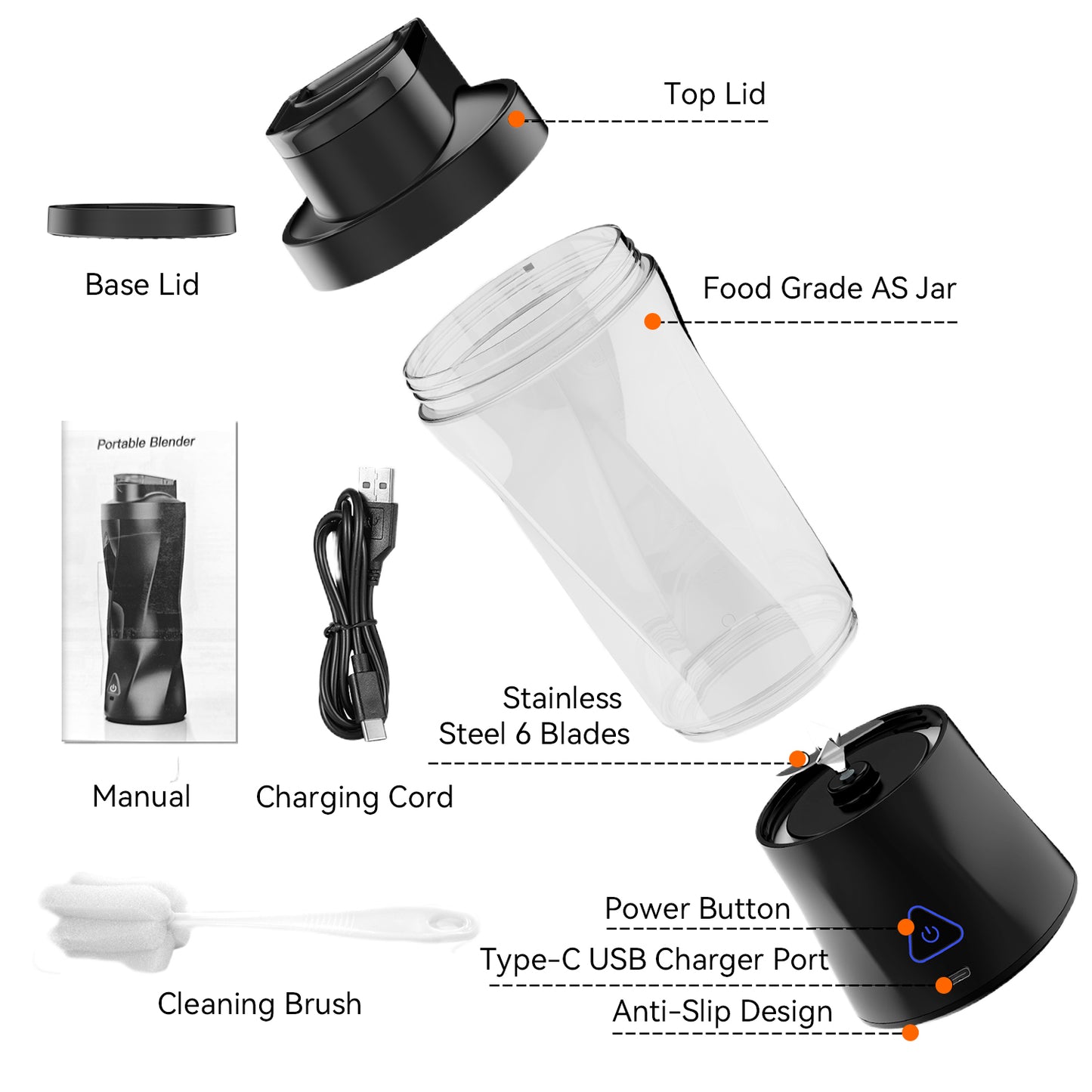 Btootos Portable Blender, 6000mAh Personal Blender with USB Rechargeable for Shakes and Smoothies, BPA Free 24 Oz Juicer Cup with 6 Blades and Lid, 360W Self Cleaning Portable Juicer for Home/Office/Travel