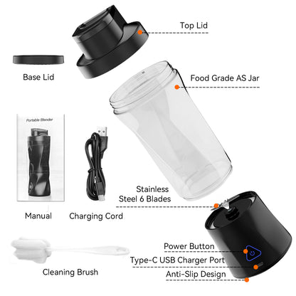 Btootos Portable Blender, 6000mAh Personal Blender with USB Rechargeable for Shakes and Smoothies, BPA Free 24 Oz Juicer Cup with 6 Blades and Lid, 360W Self Cleaning Portable Juicer for Home/Office/Travel