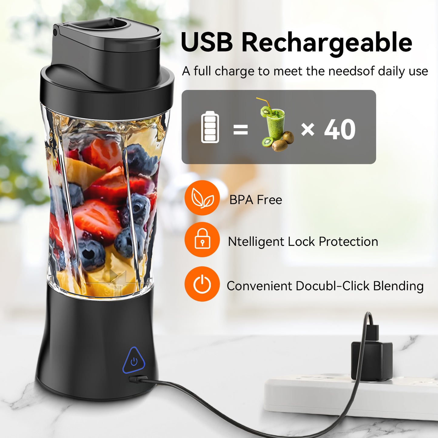 Btootos Portable Blender, 6000mAh Personal Blender with USB Rechargeable for Shakes and Smoothies, BPA Free 24 Oz Juicer Cup with 6 Blades and Lid, 360W Self Cleaning Portable Juicer for Home/Office/Travel