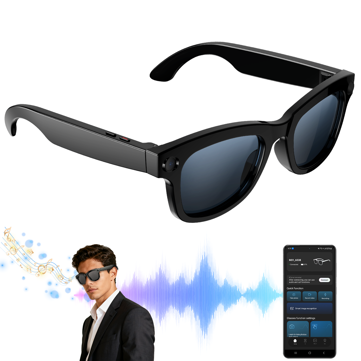 Aptkdoe AI Translation Smart Glasses, 1200W Ultra-Wide Angle Camera Smart Bluetooth Glasses with Touch Voice Assistant, UV Protection/Anti-Blue Light Smart Wireless Glasses with Built-in Mic&Speakers, Unisex