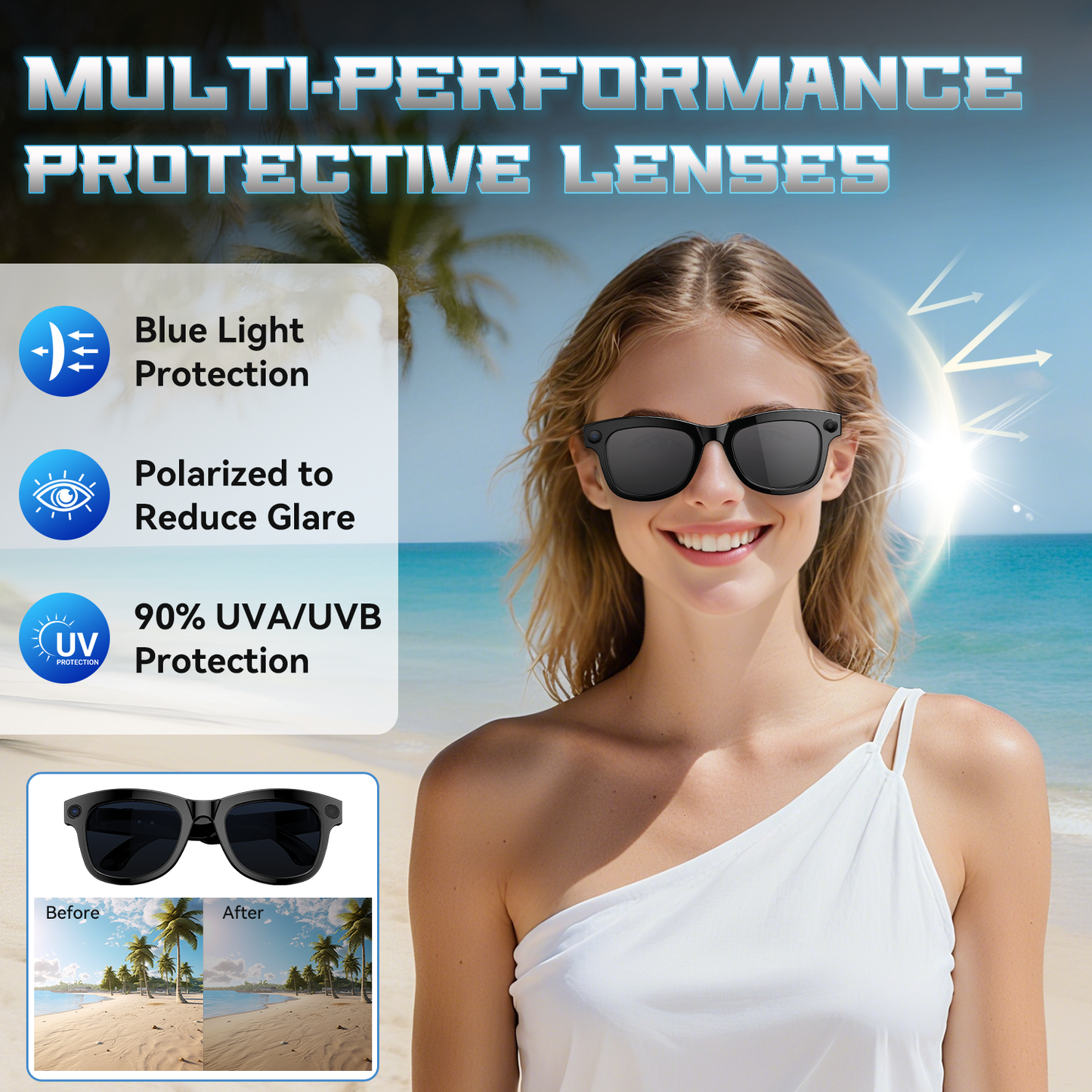 Aptkdoe AI Translation Smart Glasses, 1200W Ultra-Wide Angle Camera Smart Bluetooth Glasses with Touch Voice Assistant, UV Protection/Anti-Blue Light Smart Wireless Glasses with Built-in Mic&Speakers, Unisex