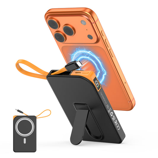 Btootos Magnetic Portable Charger for Magsafe, 10000mAh Power Bank, 22.5W Fast Charging Battery Bank, Built-in USB-C Cable with Foldable Stand and LED Display, Wireless Charger for iPhone 17/16, Andriod, etc