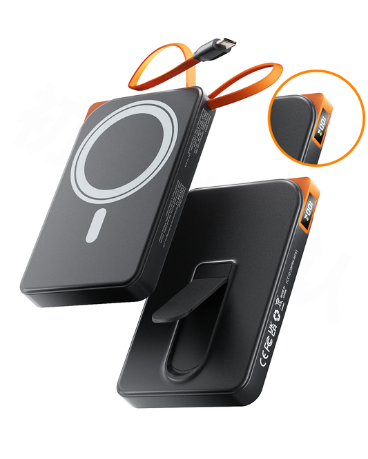 Btootos Magnetic Wireless Power Bank, 22.5W PD Fast Charging 10000mAh Battery Bank, Built-in USB-C Cable with Foldable Stand and LED Display, Magnetic Portable Charger for iPhone Series, iPad, Andriod, etc