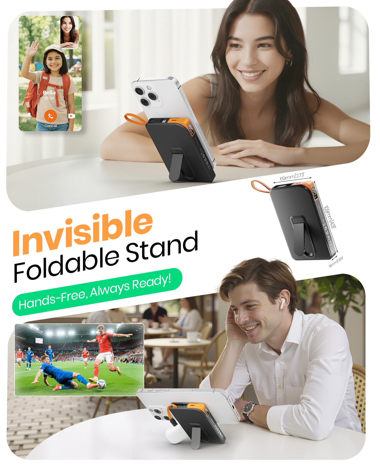 Btootos Magnetic Portable Charger for Magsafe, 10000mAh Power Bank, 22.5W Fast Charging Battery Bank, Built-in USB-C Cable with Foldable Stand and LED Display, Wireless Charger for iPhone 17/16, Andriod, etc