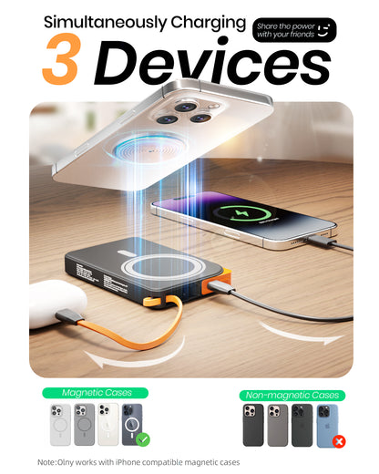 Btootos Magnetic Portable Charger for Magsafe, 10000mAh Power Bank, 22.5W Fast Charging Battery Bank, Built-in USB-C Cable with Foldable Stand and LED Display, Wireless Charger for iPhone 17/16, Andriod, etc