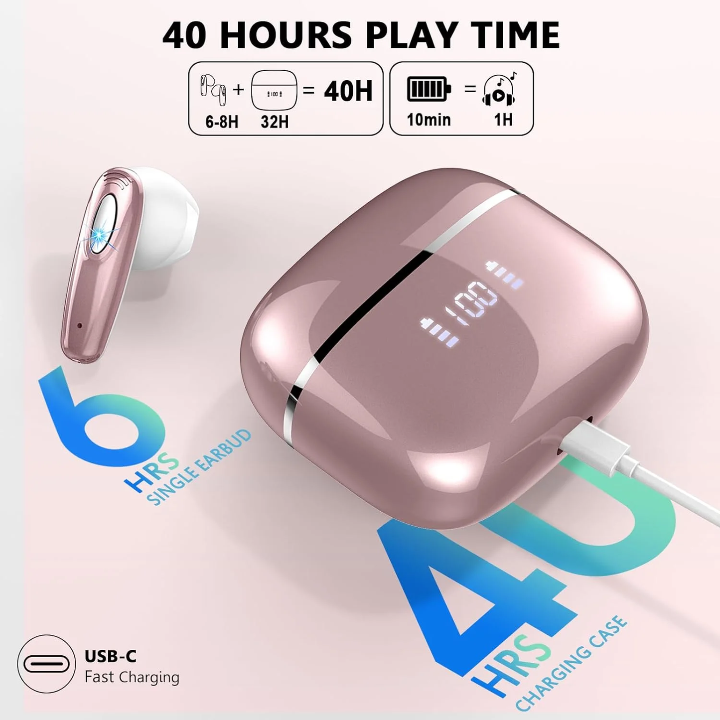 Mugo Wireless Earbud, Bluetooth Headphones 5.3 Built in 4 ENC Mic, Stereo Bass Wireless Earphones, 40H Bluetooth Earbud in-Ear LED Display, USB-C, IP7 Waterproof Sports Ear Buds for Android iOS, Rose Gold