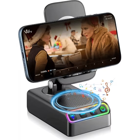 Adjustable Cell Phone Stand with Wireless Induction Bluetooth Speaker, HD Surround Sound, Color-Changing LED Light, and Non-Slip Phone Holder – Perfect for Yoga and Kitchen, a Great Gift for Everyone