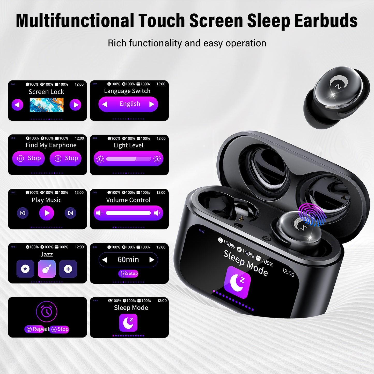 Aptkdoe Sleep Earbuds Bluetooth 5.4 in Ear Smart Touch Screen Headphones, 48H Noise Cancelling Ear Buds with 5 EQ Modes, Mini Wireless Headphones Small Design for Side Sleepers, Clear Calls Earphones, IPX7